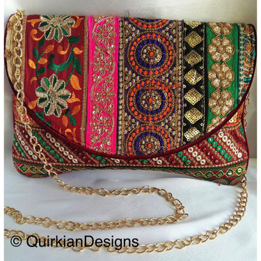 Maroon Red Velvet Fabric Clutch Purse With Red, Green, Yellow, Orange, Black, Pink And Gold Floral Embroidery, Wedding Clutch, Party Bag